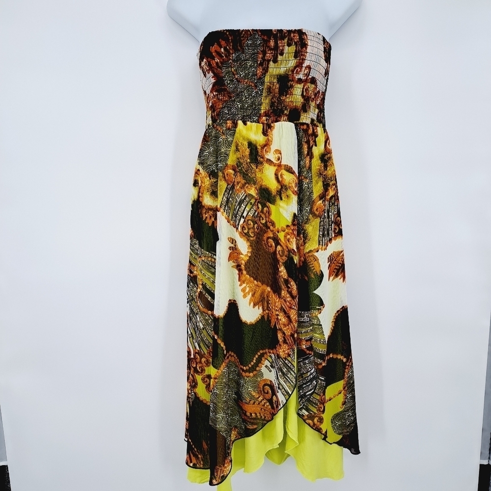 Lapis Strapless Smocked Abstract Art Print Chiffon Overlay Dress Size L
